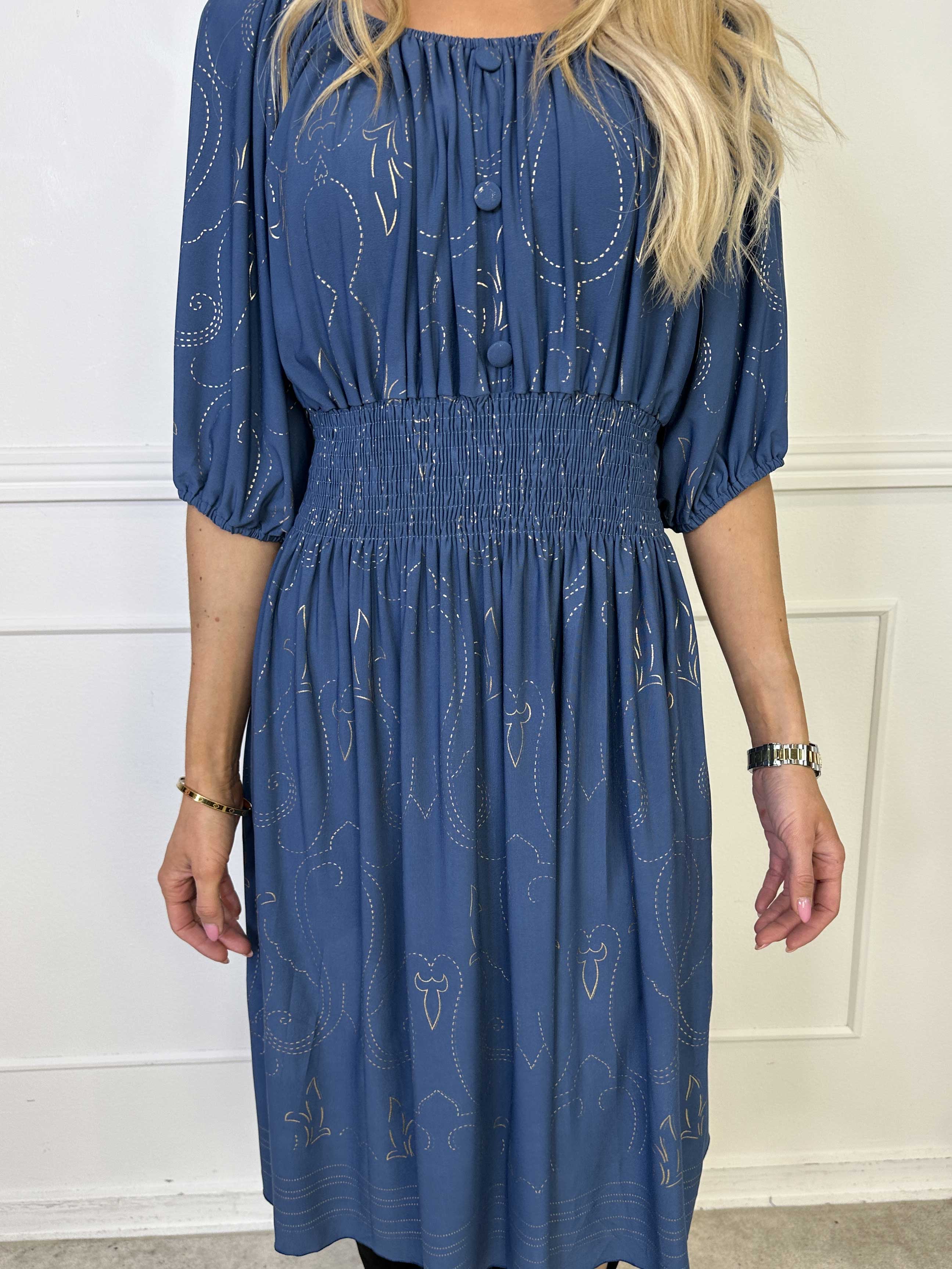 Cora Royal Gold Midi - Elastisk kjole med guld print